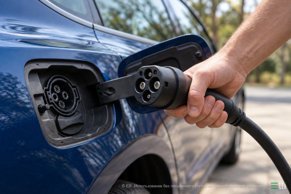 Визуализация: открытый лючок с гнездом CHAdeMO на кузове электромобиля и коннектор CHAdeMO в руке